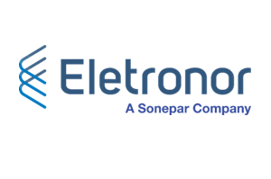 Logo of Eletronor with the text "A Sonepar Company" beneath. The design includes blue lines forming a helix shape to the left of the text.