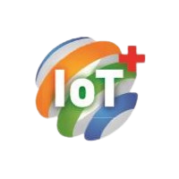 Logo featuring the text "IoT" on a spiraling multicolored background with an orange, green, and blue design and a red plus sign.