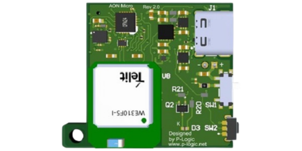 Green electronic circuit board featuring various components, including a microcontroller, resistors, and a USB port. Words "AON Micro" and "Rev 2.0" are visible, along with a white module.