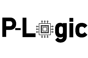 The image shows the text "P-Logic" with a microchip design integrated into the letter "o".
