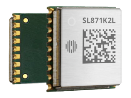 A rectangular electronic component with a label displaying "SL871K2L" and a QR code. The component has pins on one side and a metallic casing with markings on top.