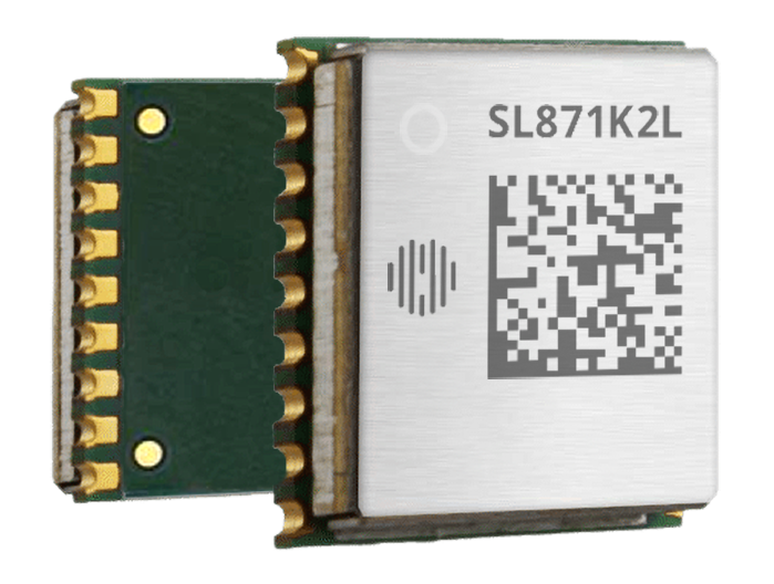 A rectangular electronic component with a label displaying "SL871K2L" and a QR code. The component has pins on one side and a metallic casing with markings on top.