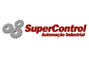Logo with three gray gears and the text "SuperControl Automação Industrial" in red.