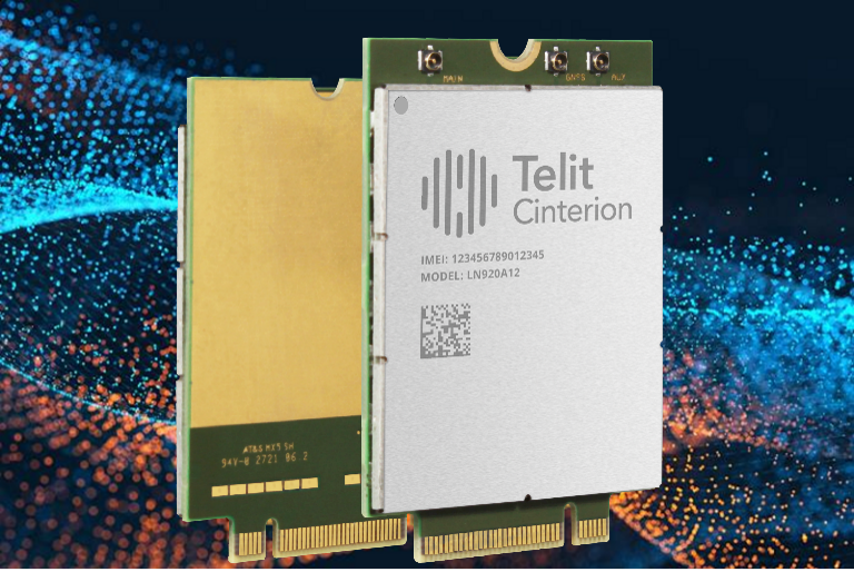 Two Telit Cinterion modules with gold connectors and detailed labeling, against a background of swirling blue and orange patterns.