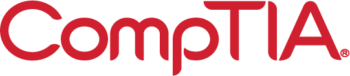 Red text logo of "CompTIA" on a transparent background.