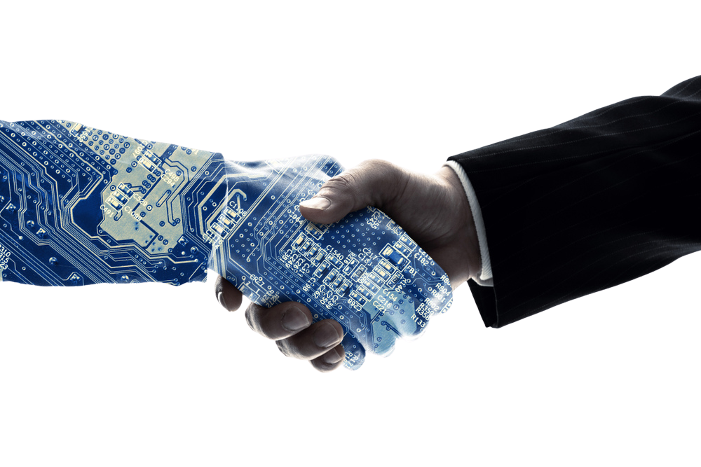 A human hand in a suit shakes hands with a digitally rendered hand resembling a circuit board, symbolizing technology partnership.