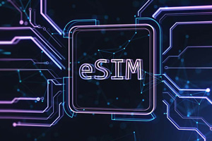 A digital illustration of an eSIM with a circuit board pattern and neon blue connections on a dark background.