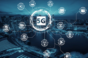 Digital graphic with a cityscape background showing interconnected icons around a central "5G" symbol, representing various technologies and communication networks.