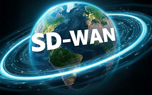 A view of Earth from space showcases "SD-WAN" emblazoned across it, encircled by digital rings symbolizing corporate SD-WANs and seamless network connectivity.