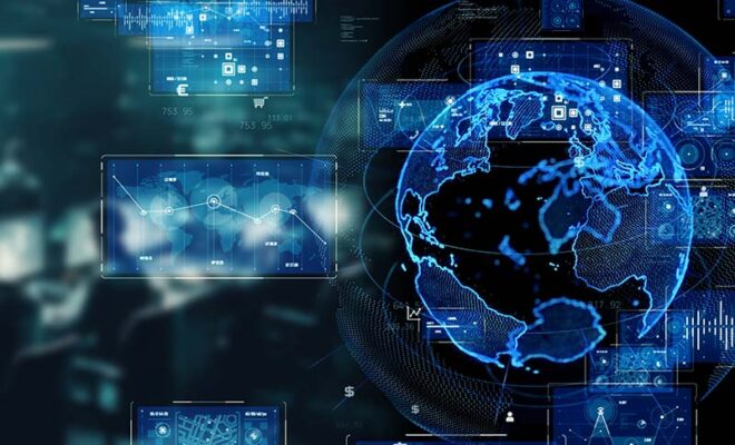Digital screens with graphs and data surround a glowing blue globe, suggesting global connectivity via 5G-based SD-WAN.