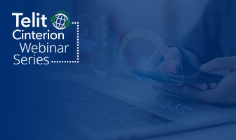A blue graphic highlights "Telit Cinterion Webinar Series" alongside a laptop and a hand holding a smartphone with digital data, spotlighting exciting upcoming events and webinars.