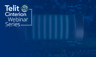 Telit Cinterion Webinar Series logo on a blue background features a cylindrical electronic component and circuit board pattern, highlighting upcoming events and webinars in the tech industry.