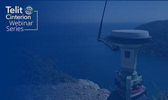 A device with an antenna stands on a cliff overlooking the ocean, hinting at exciting upcoming events and webinars. The image features a blue overlay with the text "Telit Cinterion Webinar Series" on the left.