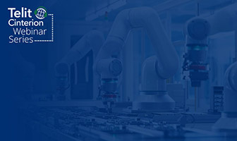 Robotic arms operate in a factory setting. Text on the left reads, "Telit Cinterion Webinar Series on upcoming events and webinars.