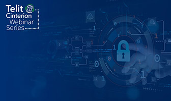 Blue graphic with digital security elements, including a lock icon and abstract technology designs, promoting an upcoming Telit Cinterion Webinar Series event.