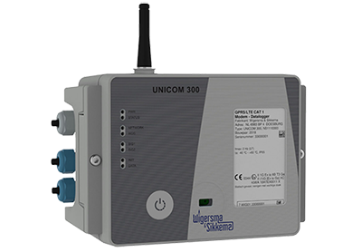 The UNICON 300 device, ideal for smart metering solutions, boasts multiple ports, indicator lights, and a power button. It features an antenna on top and a clear label on the front panel, ensuring efficient operation and easy integration.