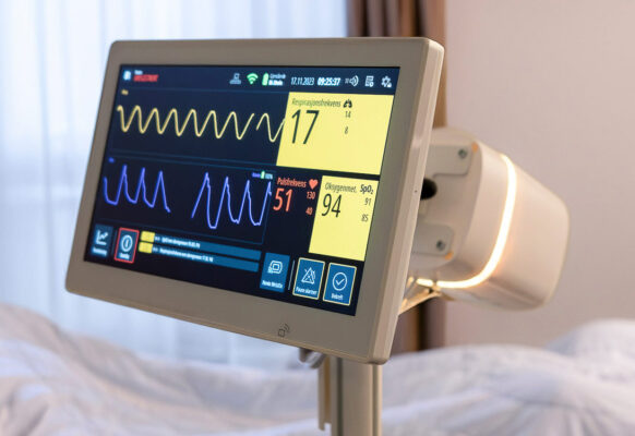 A medical monitor displays vital signs, including respiration rate, pulse rate, and oxygen saturation, next to a hospital bed.