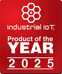 Red badge displaying "Industrial IoT Product of the Year 2025" with a hexagonal logo at the top.