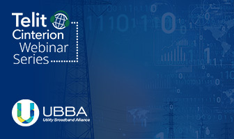 Telit Cinterion Webinar Series and UBBA Utility Broadband Alliance logos on a blue background with digital and utility graphics, highlighting upcoming events and webinars.