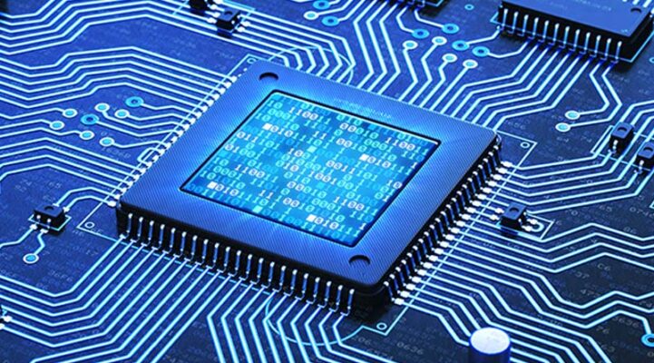 Close-up of a computer microchip on a circuit board, surrounded by blue electrical paths and binary code displayed on the chip.