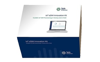 White and blue box labeled "IoT eSIM Innovation Kit" by Telit Cinterion, featuring an image of a laptop displaying graphs and dashboard data.