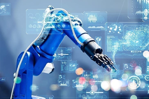 A robotic arm operates in a high-tech environment with digital data and graphs overlayed.
