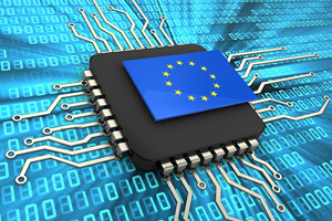 A microchip with the European Union flag on top, set against a digital background with binary code.