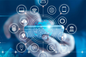 A person uses a smartphone with digital icons.