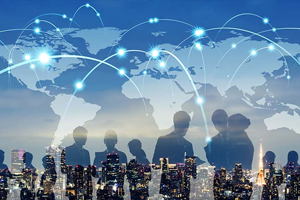 Silhouettes of people over a city skyline with a world map and connecting lines.