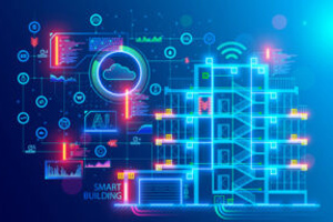 Digital illustration of a smart building featuring connected devices, cloud computing, data graphs, and wireless signals, representing modern intelligent infrastructure.