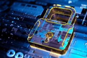 A digital illustration of a padlock overlaid on a circuit board.