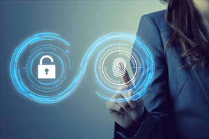 A person in a suit touches a virtual fingerprint icon on a screen next to a lock icon, illustrating digital security and authentication.