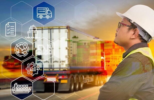 A person in safety gear observes a shipping container that's overlaid with IoT telematics and tracking icons for logistics.