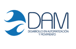 Logo with blue abstract wave design and text "DAM Desarrollo en Automatización y Movimiento" on a white background.
