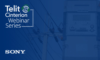 Blue graphic with "Telit Cinterion Webinar Series" and "SONY" logos, power lines, and an electric meter in the background promotes upcoming events and webinars.