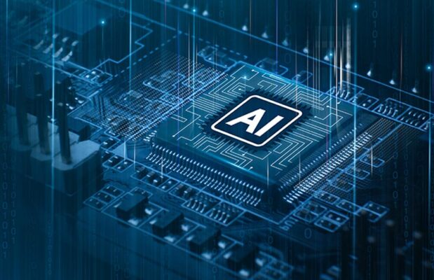 A close-up view of a computer chip with the letters "AI" on it, surrounded by circuits and digital graphics. This represents how edge AI enables AI to run where the data is generated.