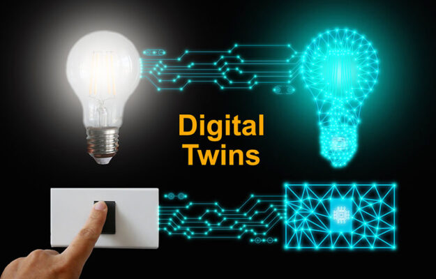 A hand presses a light switch below an incandescent bulb on the left, with a digital clone of the switch and bulb on the right and the text "Digital Twins" in the center.