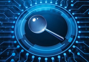 A magnifying glass icon is centered on a digital background with blue circuit patterns, symbolizing search or analysis technology—perfect for those looking for where to buy Telit products.