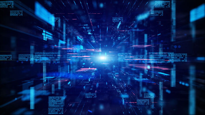 A digital abstract background with blue and red light streaks, data blocks, and code elements.