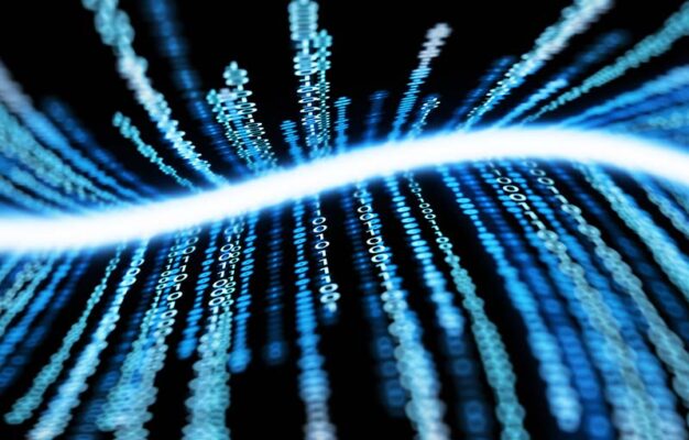 Blue binary code streams across a black background with a glowing wavy line in the center.