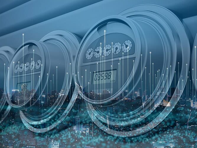 Smart meters, which leverage LTE Cat 1 bis, overlay a cityscape with vertical connection lines reaching skyward.