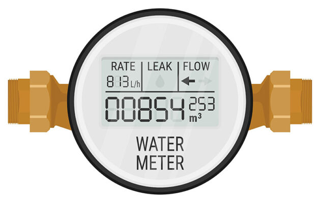 A smart water meter illustration that shows a reading of 854.259 cubic meters and a flow rate of 813 liters per hour. It also has an indicator for leaks.