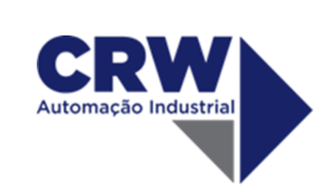 CRW Automação Industrial logo featuring bold navy blue letters "CRW" above the words "Automação Industrial" and a blue and gray geometric arrow design on the right.