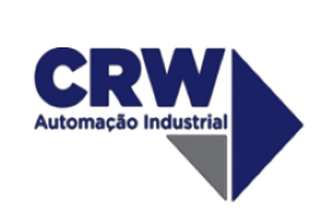 CRW Automação Industrial logo with bold blue letters "CRW" above the text and a geometric blue and gray arrow design pointing to the right.