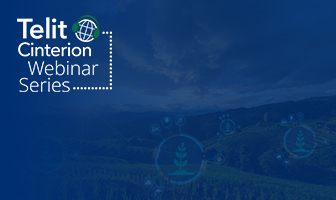 Telit Cinterion Webinar Series logo on a blue background with faint icons and an outdoor landscape in the distance, highlighting upcoming events and webinars.
