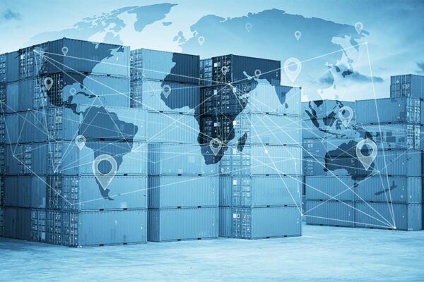 Stacks of shipping containers with a world map and network lines overlayed.