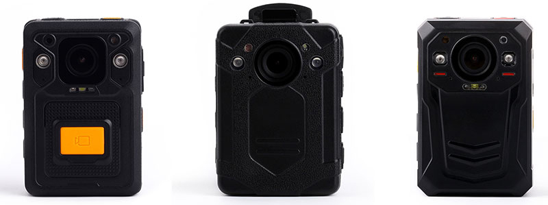 Three different compact body cameras with visible lenses and buttons are displayed side by side against a white background.