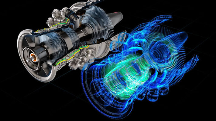 A digital rendering of a jet engine, revealing both its mechanical interior and an overlaid transparent 3D model that highlights the turbine and internal components.