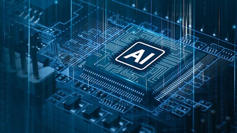 A close-up view of a computer chip with the letters "AI" on it, surrounded by circuits and digital graphics.