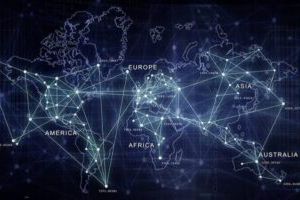 Digital world map with continents labeled and interconnected by glowing lines and nodes.